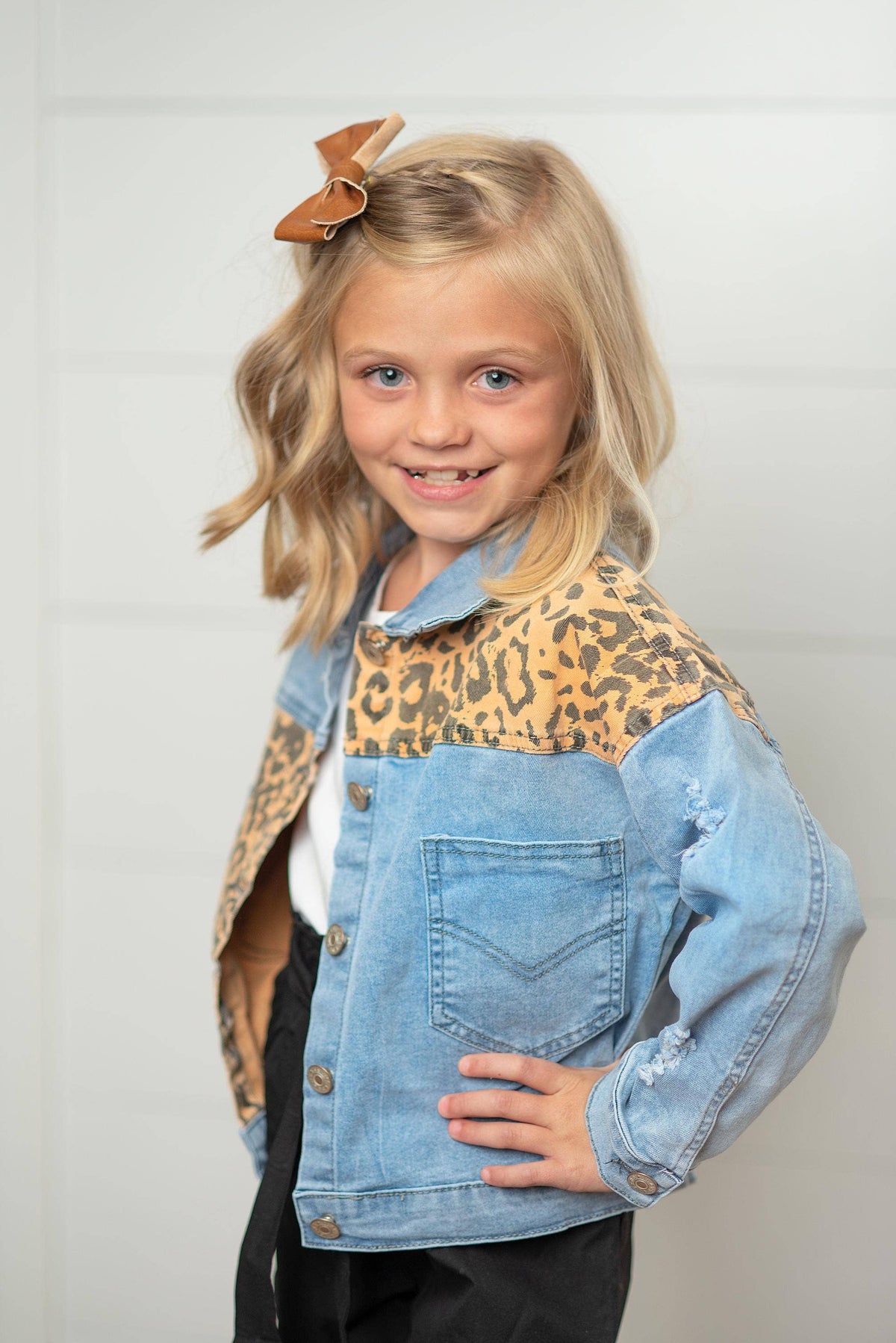 Girls Leopard Patch & Light Wash Denim Button Pocket Jacket