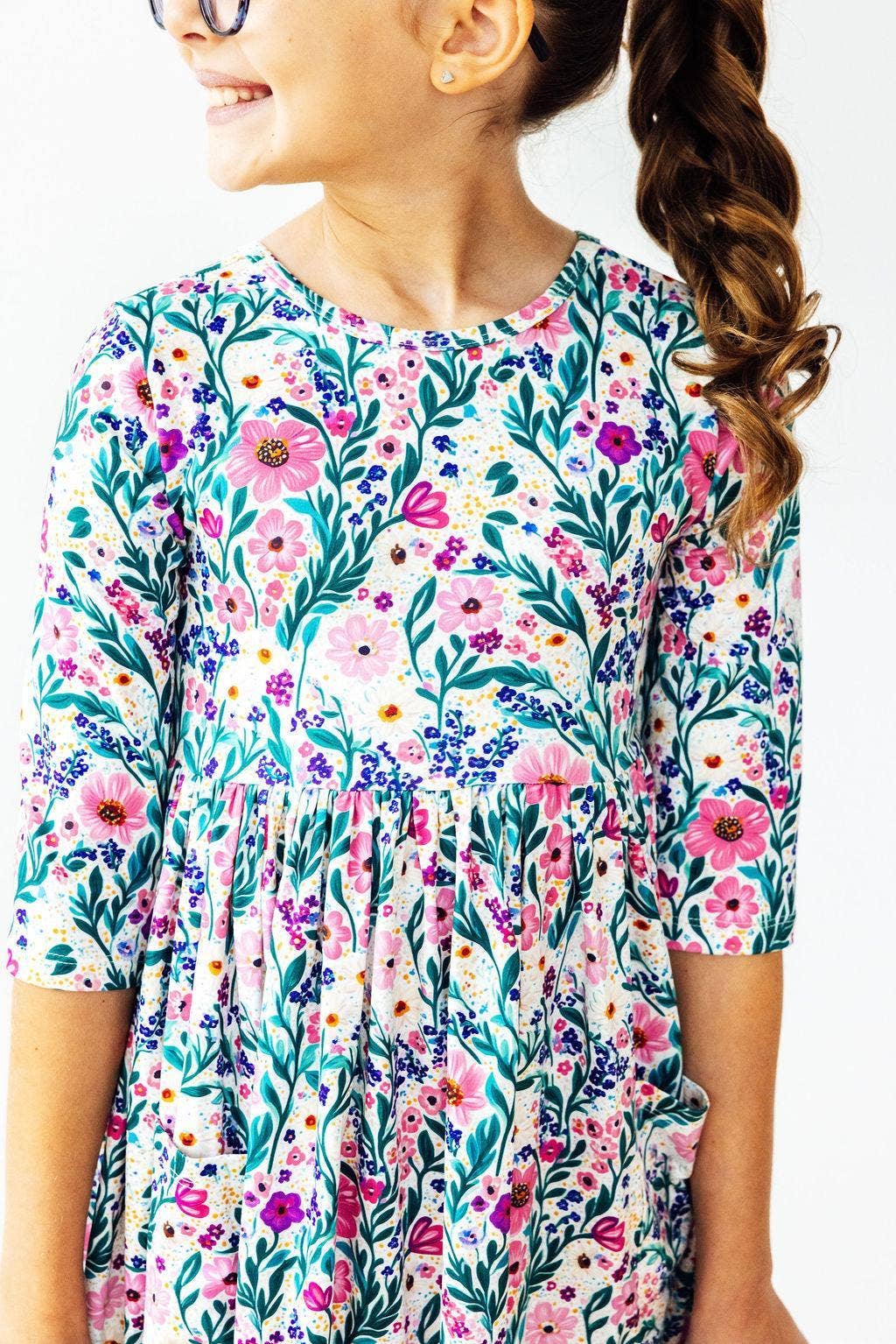Vivid Flower Garden 3/4 Sleeve Pocket Twirl Dress