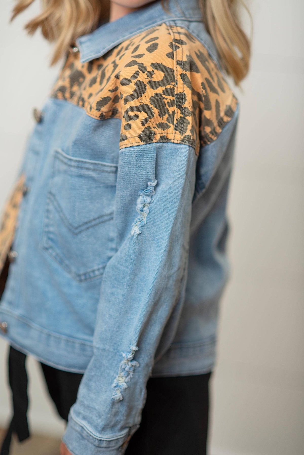 Girls Leopard Patch & Light Wash Denim Button Pocket Jacket