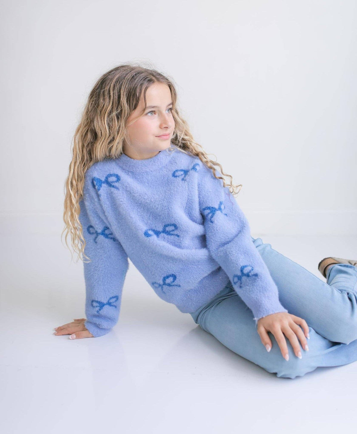 Blue Bow Coquette Fuzzy Crew Neck Sweater