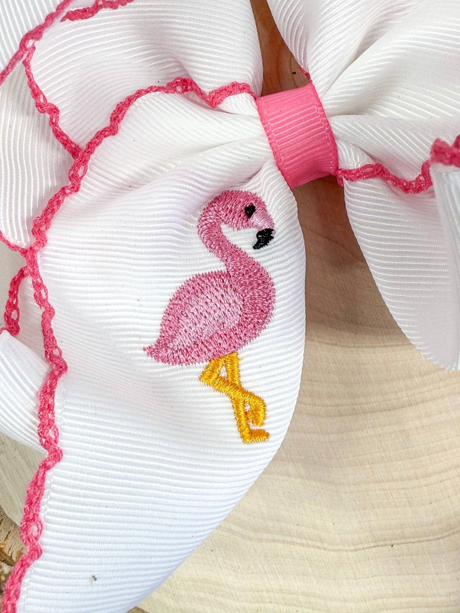 Flamingo Embroidered Moonstitch Hair Bow