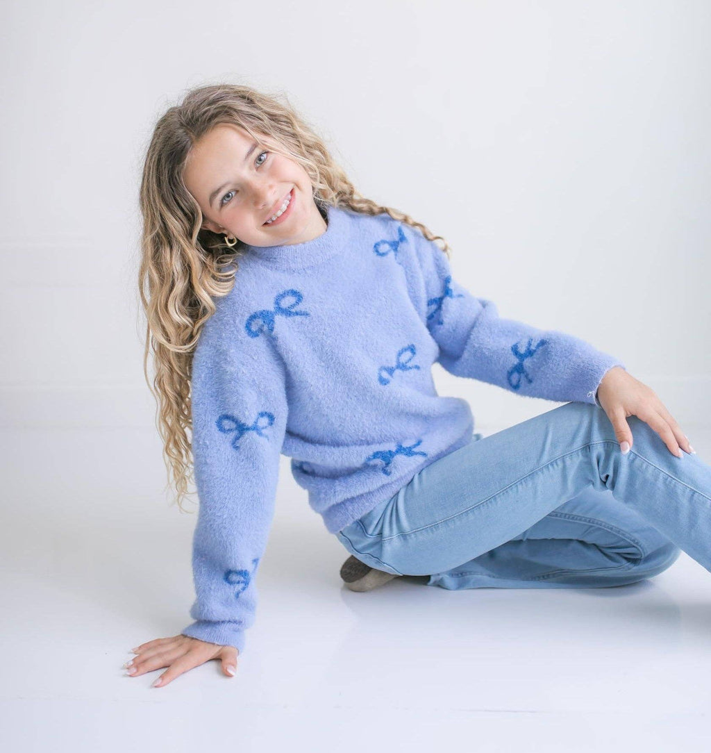 Blue Bow Coquette Fuzzy Crew Neck Sweater