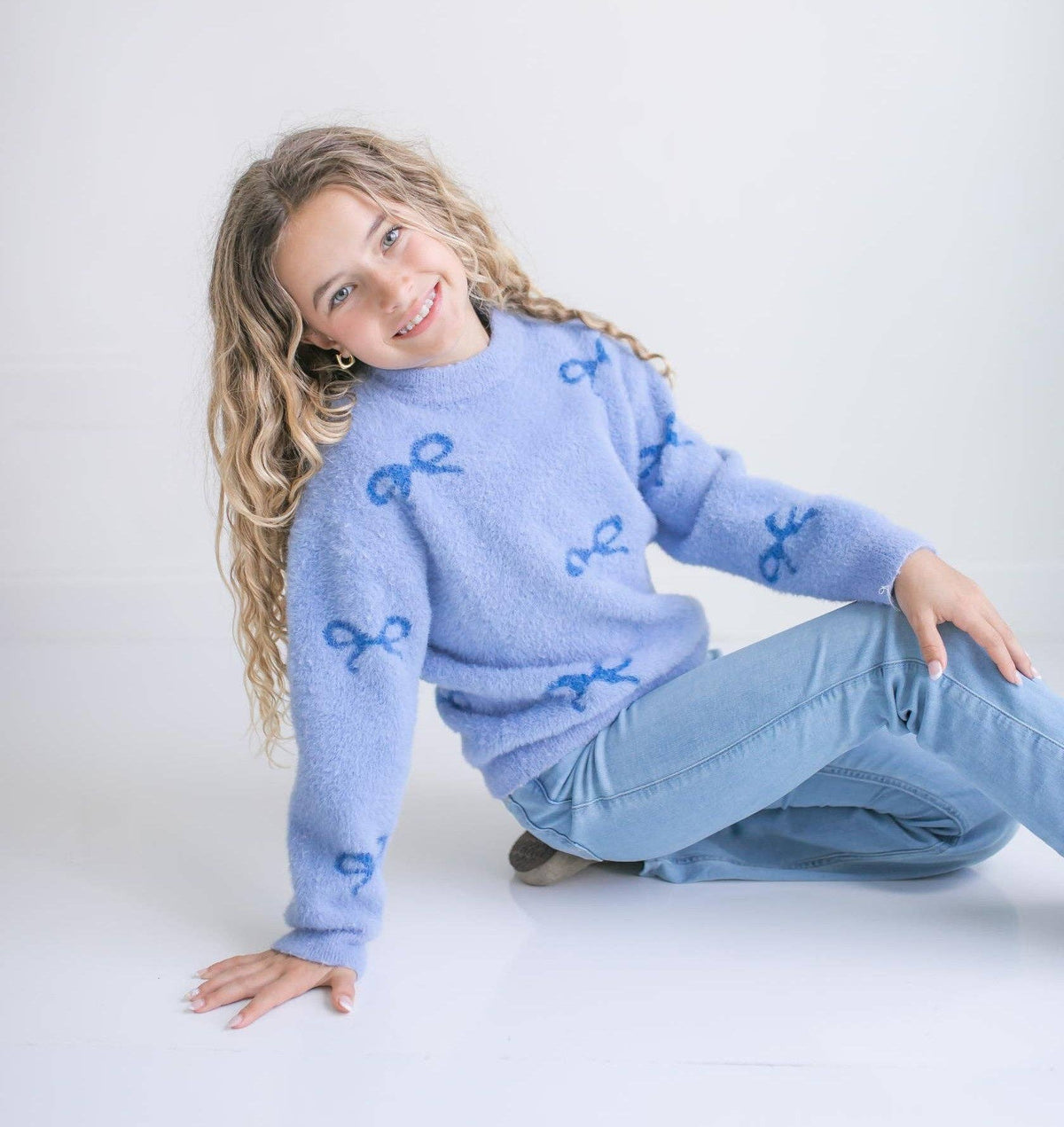 Blue Bow Coquette Fuzzy Crew Neck Sweater