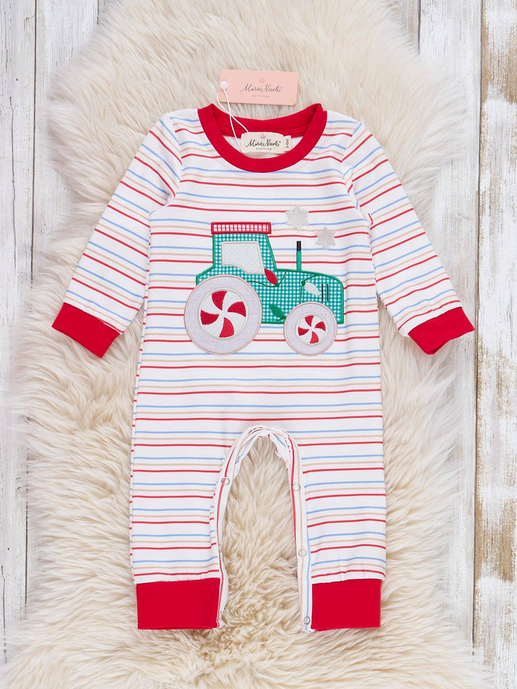 Peppermint Wheels Embroidered Striped Romper