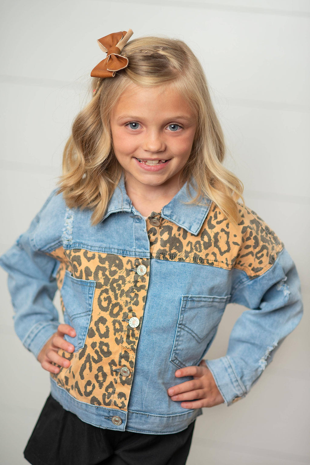 Girls Leopard Patch & Light Wash Denim Button Pocket Jacket