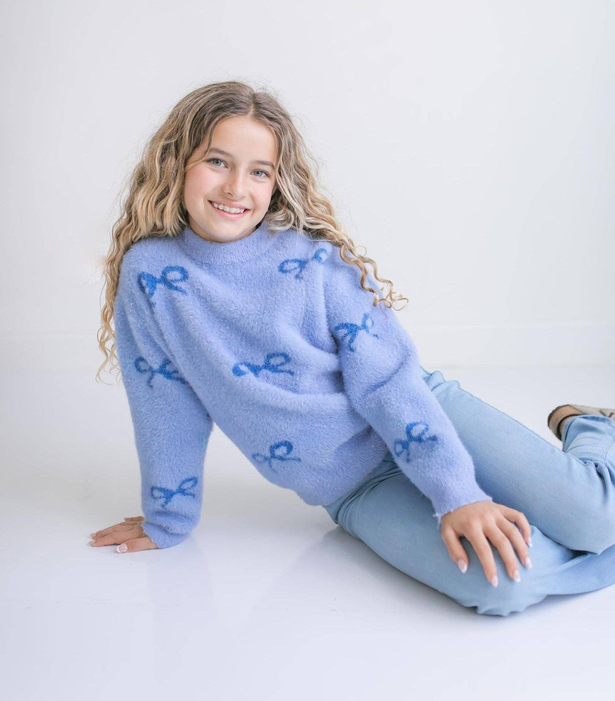 Blue Bow Coquette Fuzzy Crew Neck Sweater