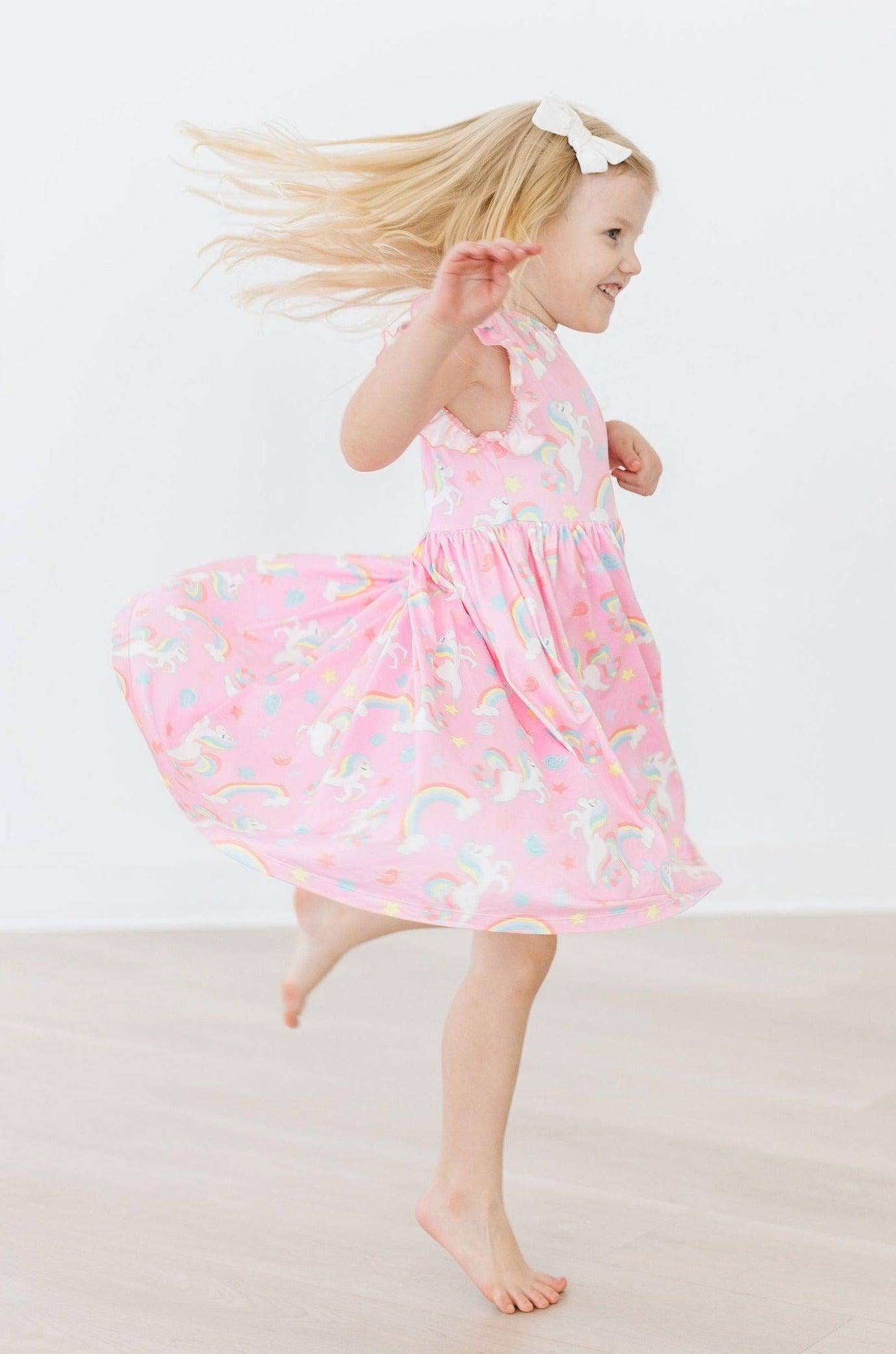 Pink Unicorn Flutter Sleeve Twirl Dress