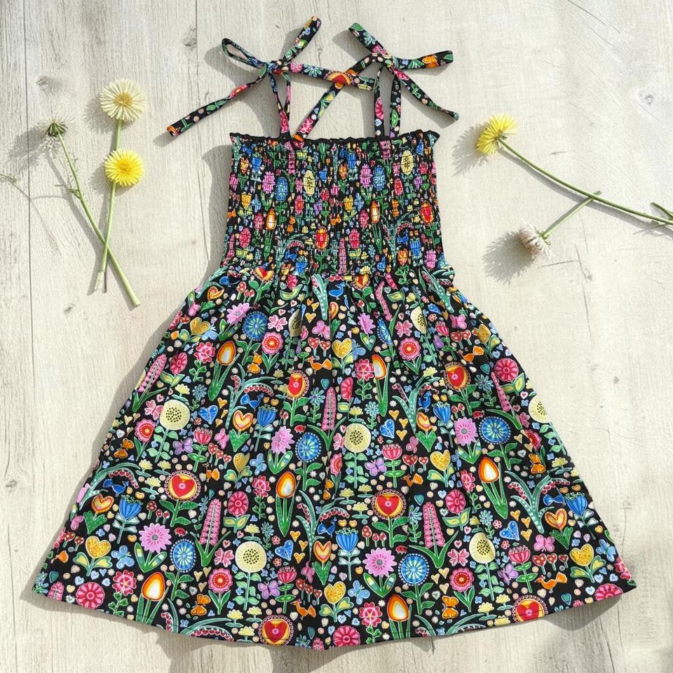 Folksy Floral Smocked Tie Dress