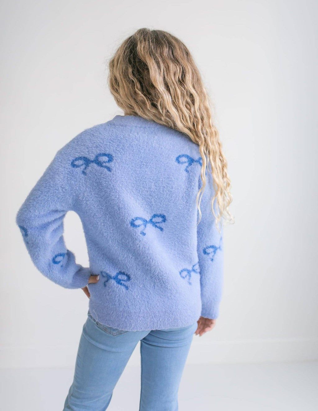 Blue Bow Coquette Fuzzy Crew Neck Sweater