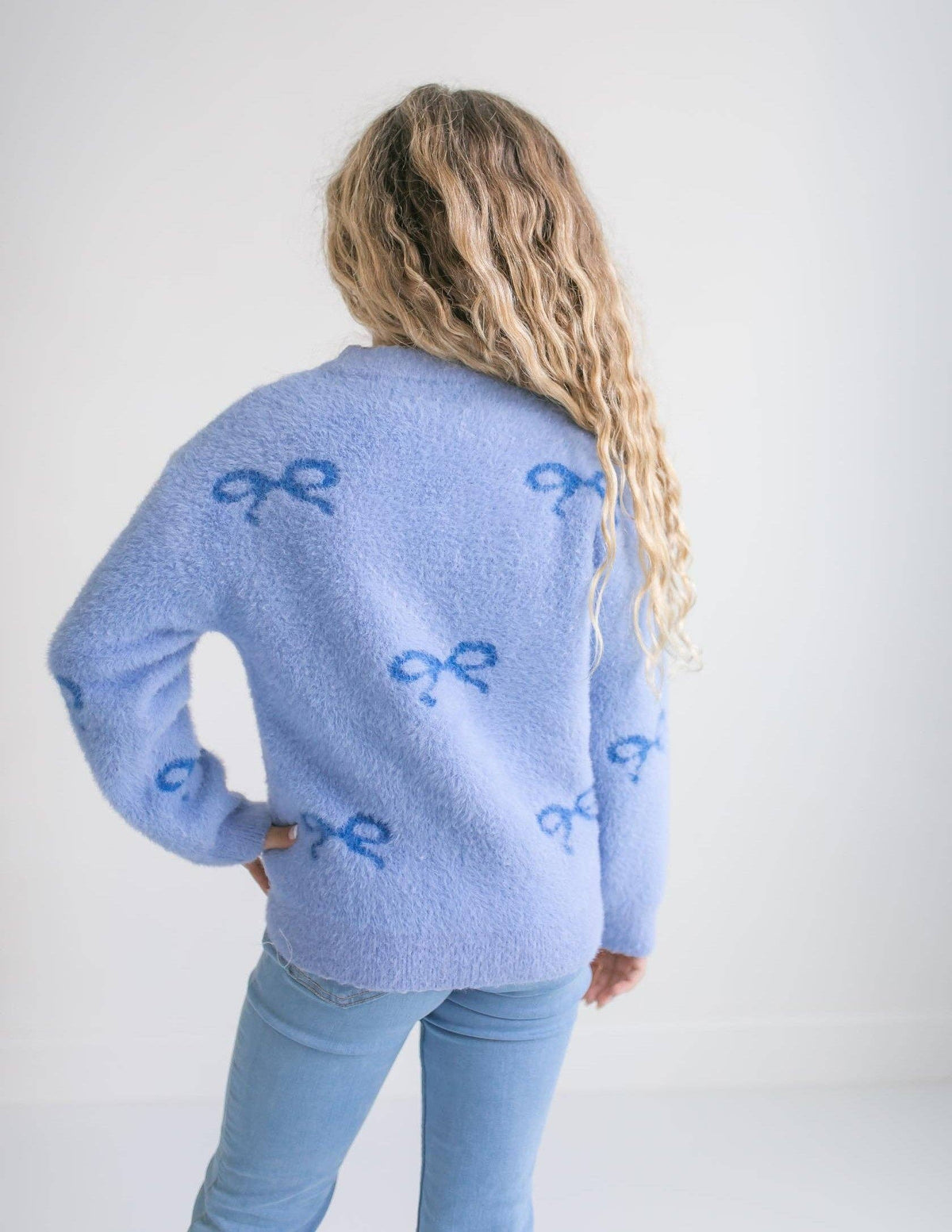 Blue Bow Coquette Fuzzy Crew Neck Sweater