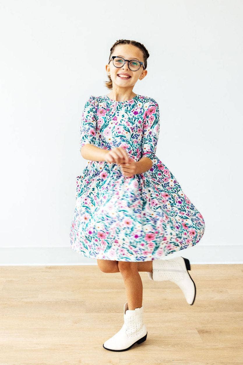 Vivid Flower Garden 3/4 Sleeve Pocket Twirl Dress