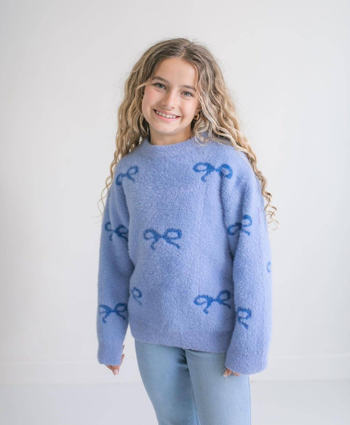 Blue Bow Coquette Fuzzy Crew Neck Sweater