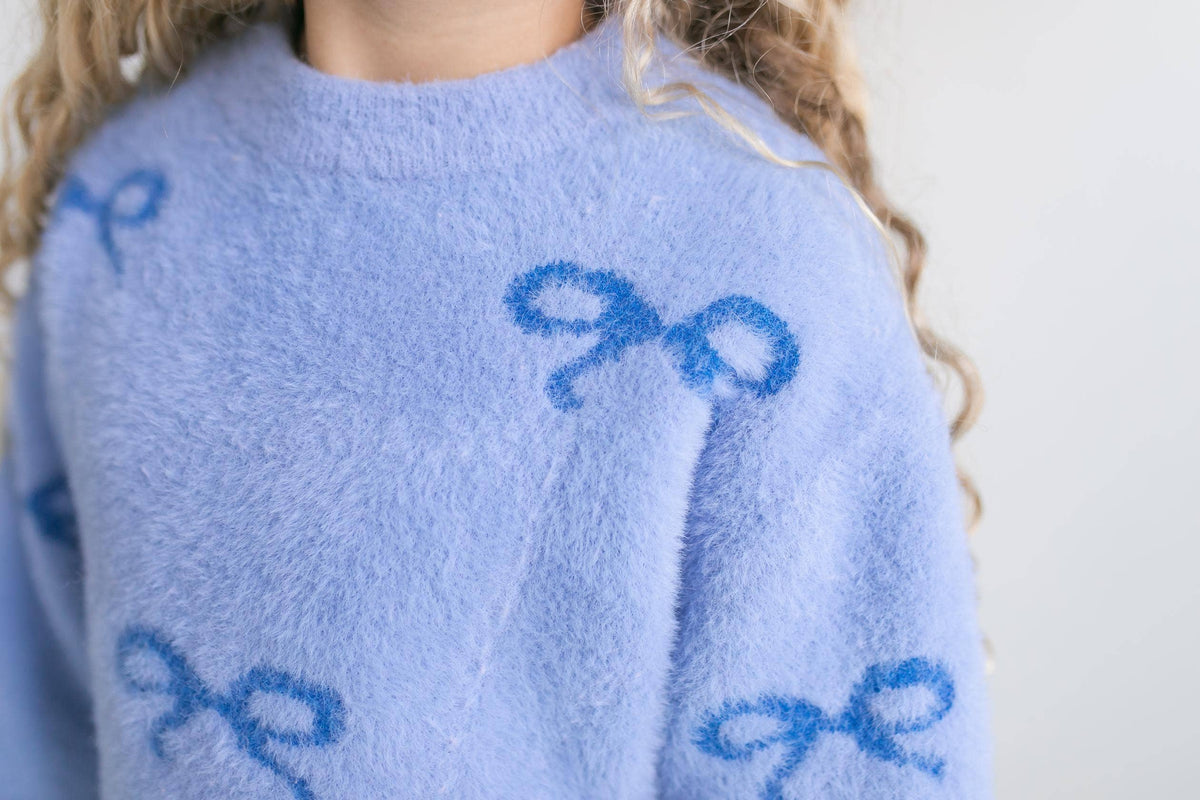 Blue Bow Coquette Fuzzy Crew Neck Sweater