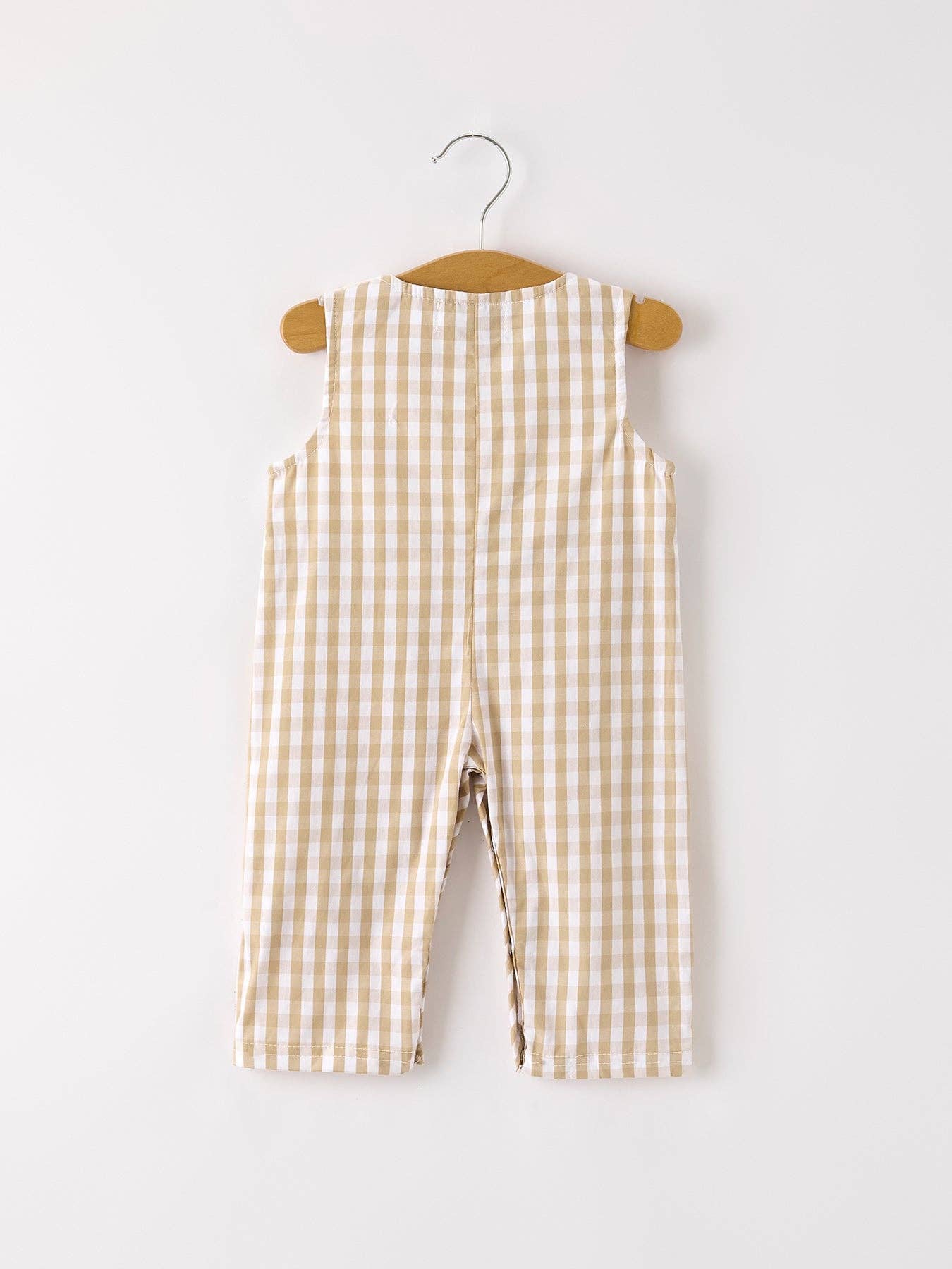 Checkered overalls on a wooden hanger against a white background