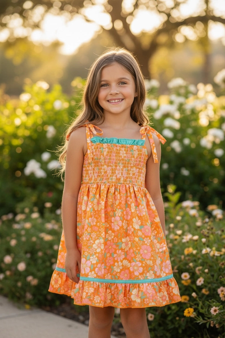 Bright Orange Girl's Smocked Dress