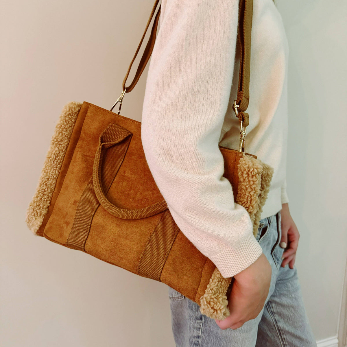 Cozy Teddy Trim Crossbody Tote
