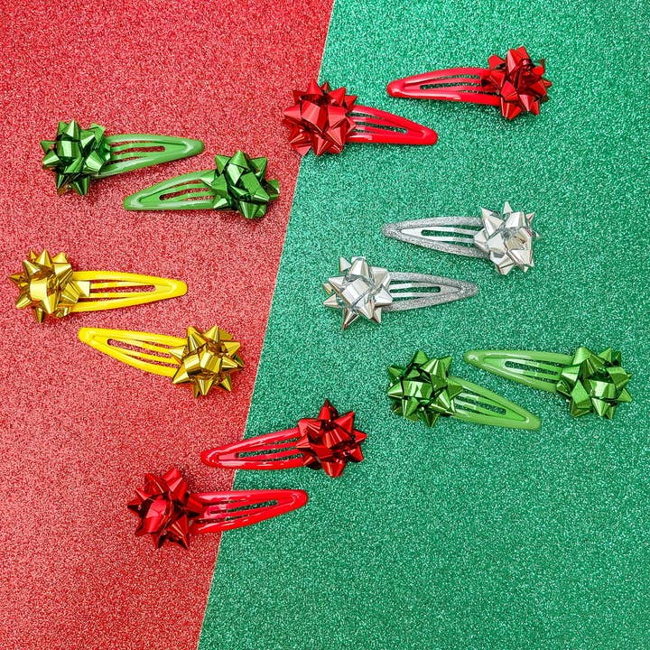 christmas bow holiday hair clips red, green, gold and silver