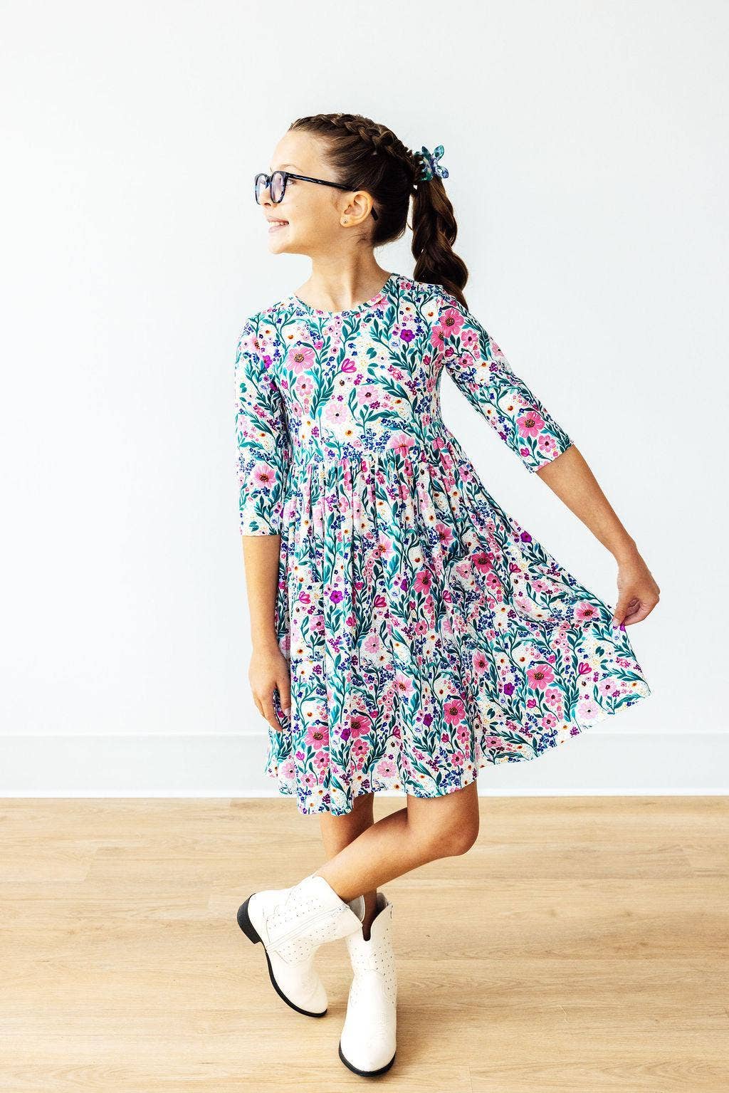 Vivid Flower Garden 3/4 Sleeve Pocket Twirl Dress