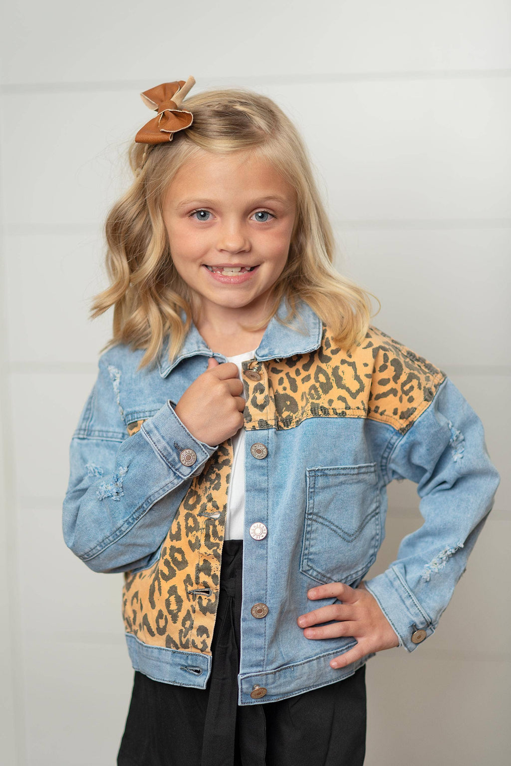 Girls Leopard Patch & Light Wash Denim Button Pocket Jacket