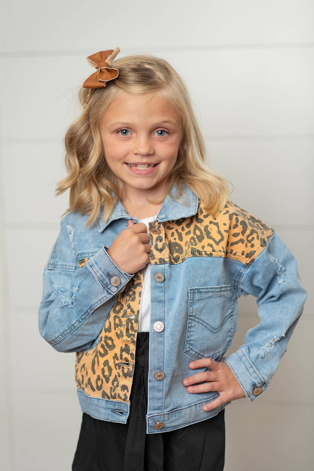 Girls Leopard Patch & Light Wash Denim Button Pocket Jacket