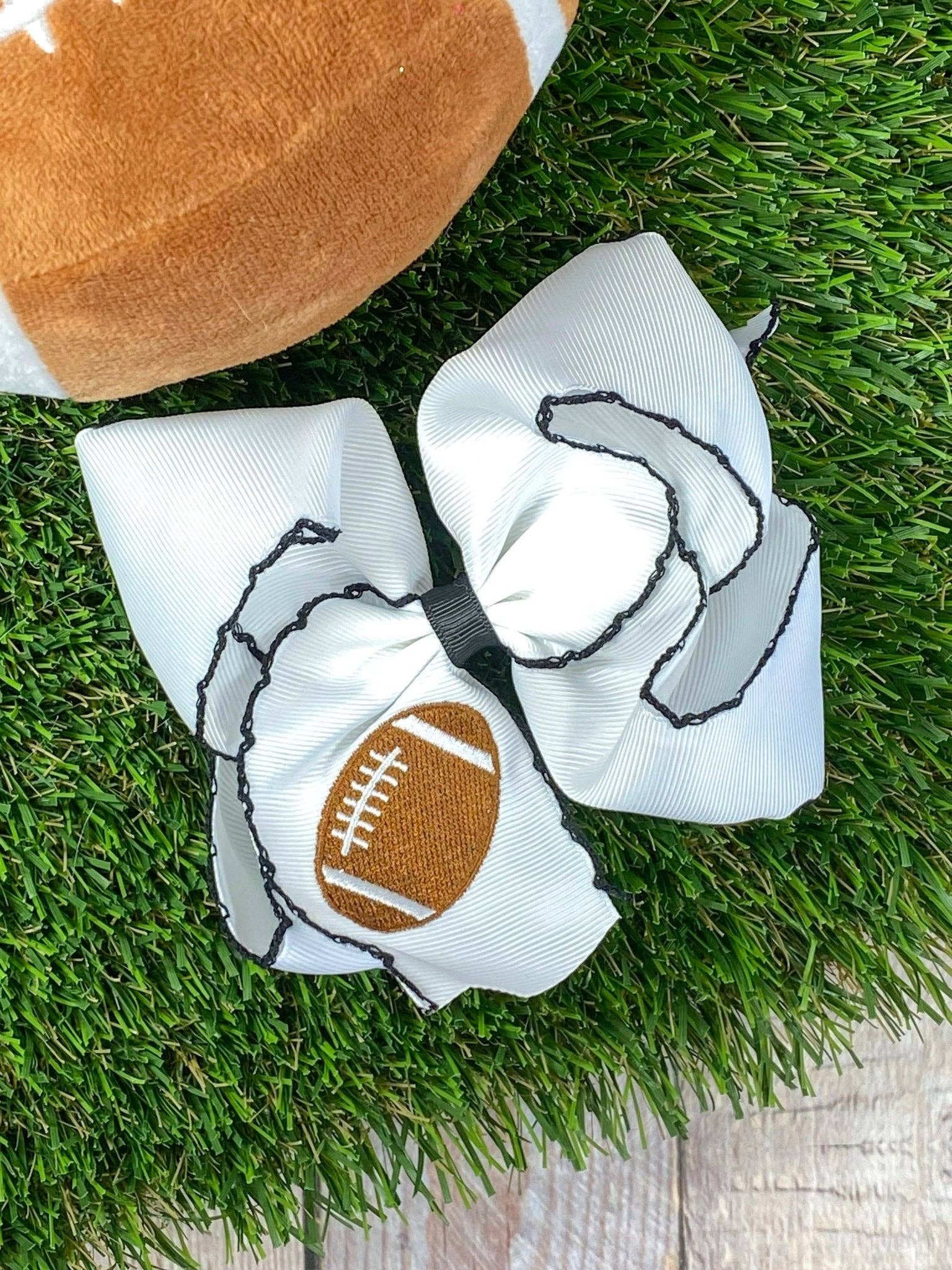 Football Embroidered Hair Bow- Black Trim