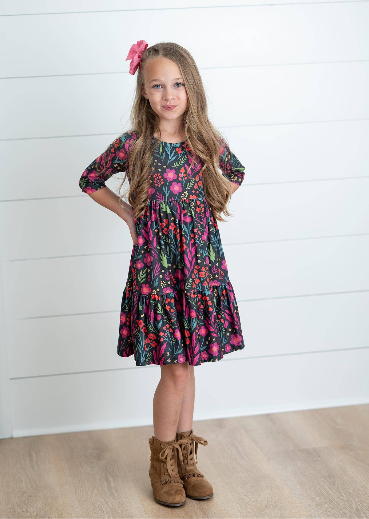 Dark Magenta Fall Floral Tiered Twirl Dress