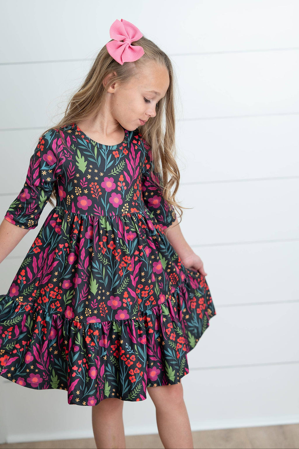 Dark Magenta Fall Floral Tiered Twirl Dress