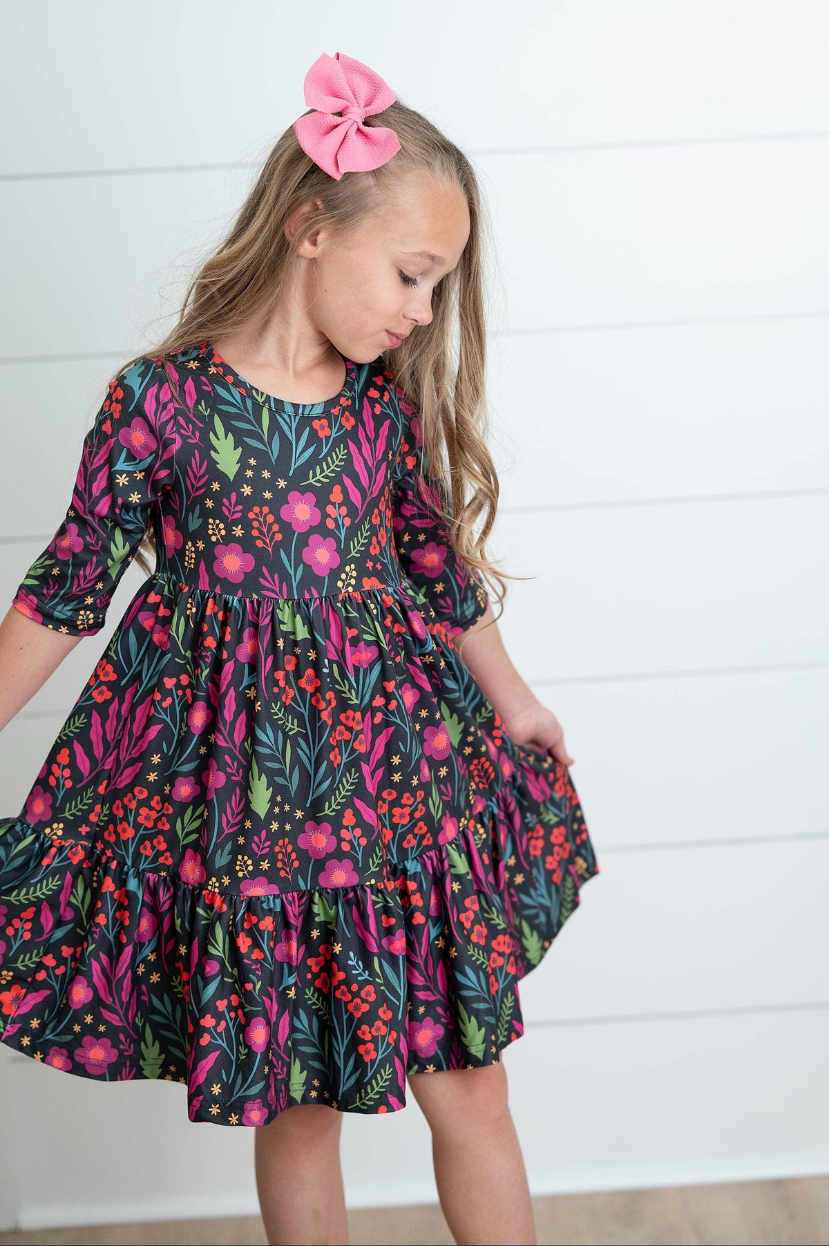 Dark Magenta Fall Floral Tiered Twirl Dress