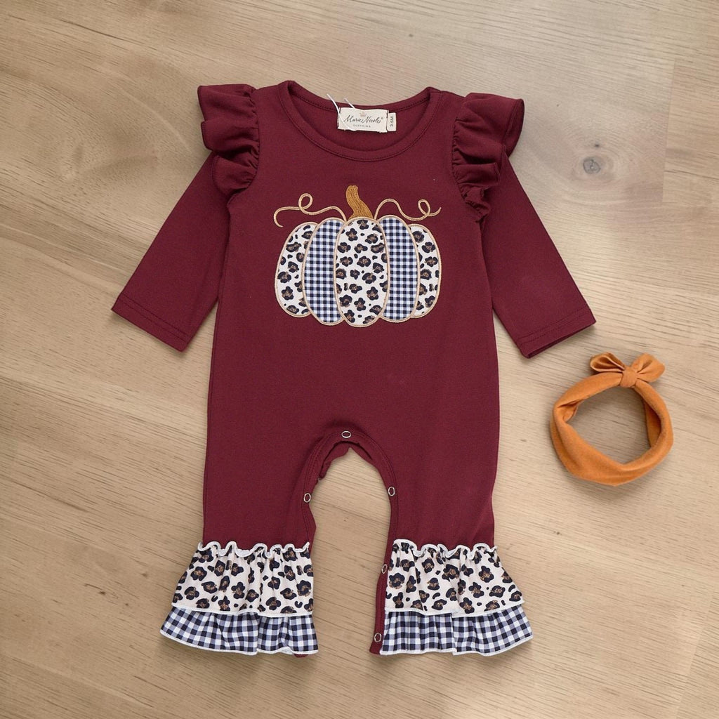 Leopard Dot Pumpkin Embroidered Ruffle Romper