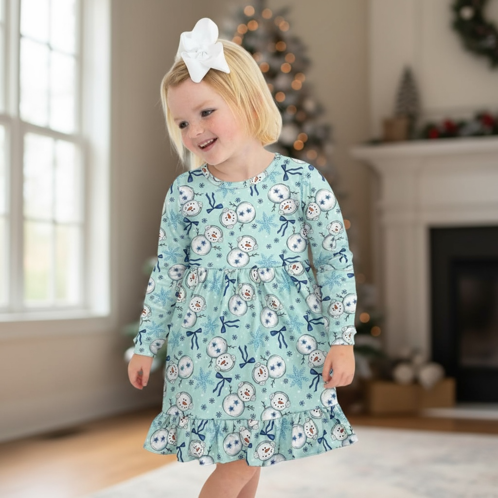 girl wearing snowman dress in a cozy living room