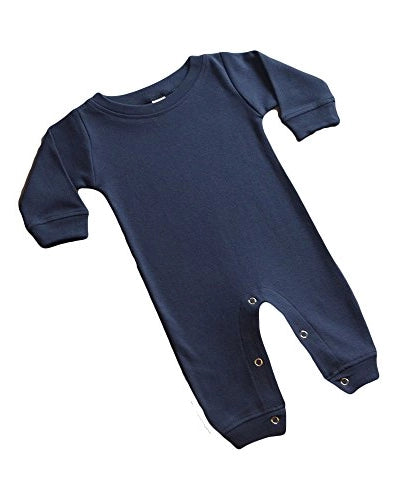 Navy blue baby long sleeve romper on a white background