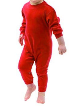 Child wearing a red long sleeve onesie on a white background