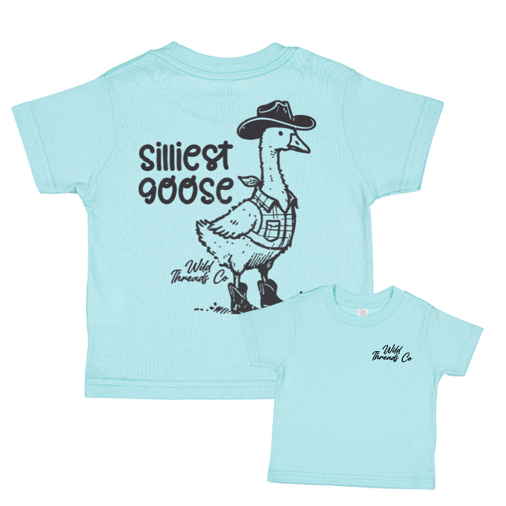 Light blue t-shirt with a graphic of a goose wearing a cowboy hat and plaid shirt, with text 'Silliest Goose' on a white background.
