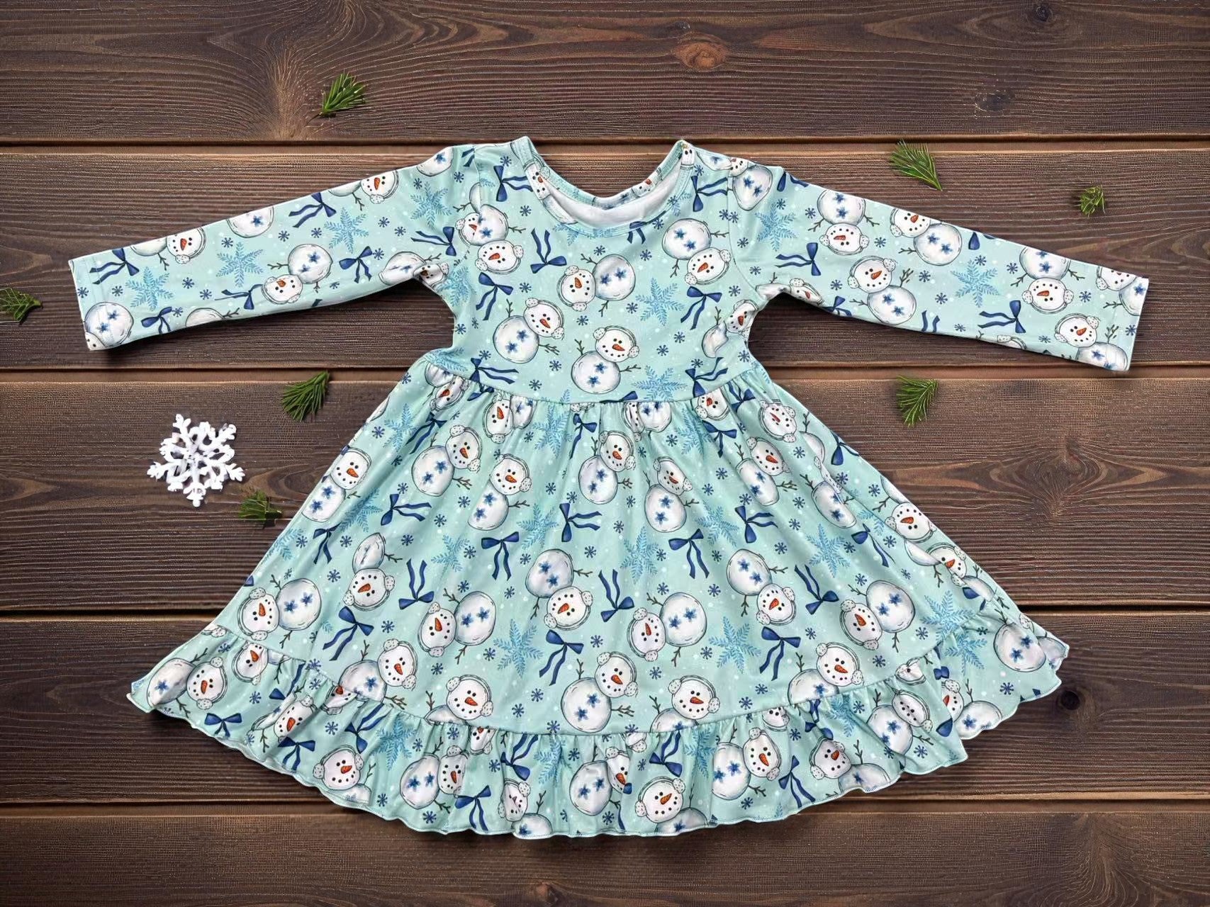 Long Sleeve Snowman Girl's Ruffle Hem Dress