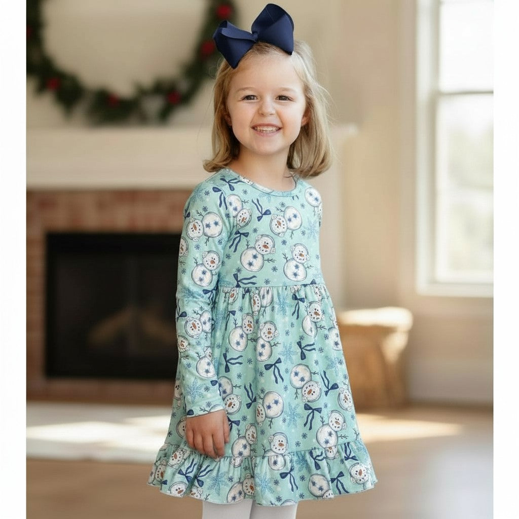 Long Sleeve Snowman Girl's Ruffle Hem Dress